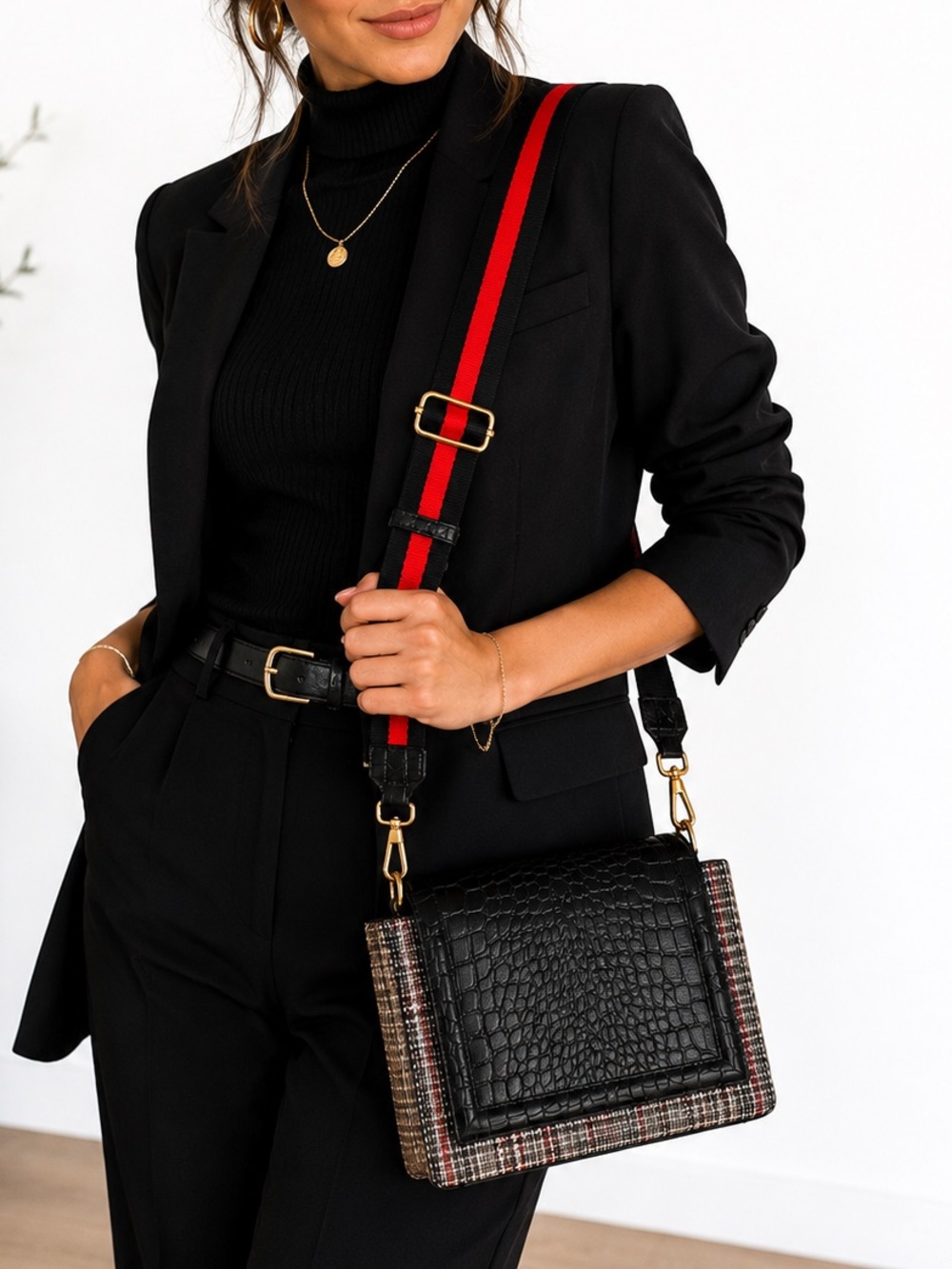 Sondra Roberts Squared Plaid & Croc Embossed Crossbody Bag